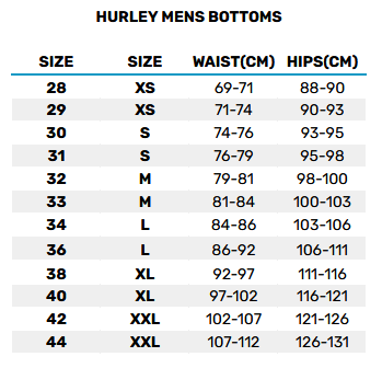 2025 Hurley Mens Bottoms 0 Size Chart